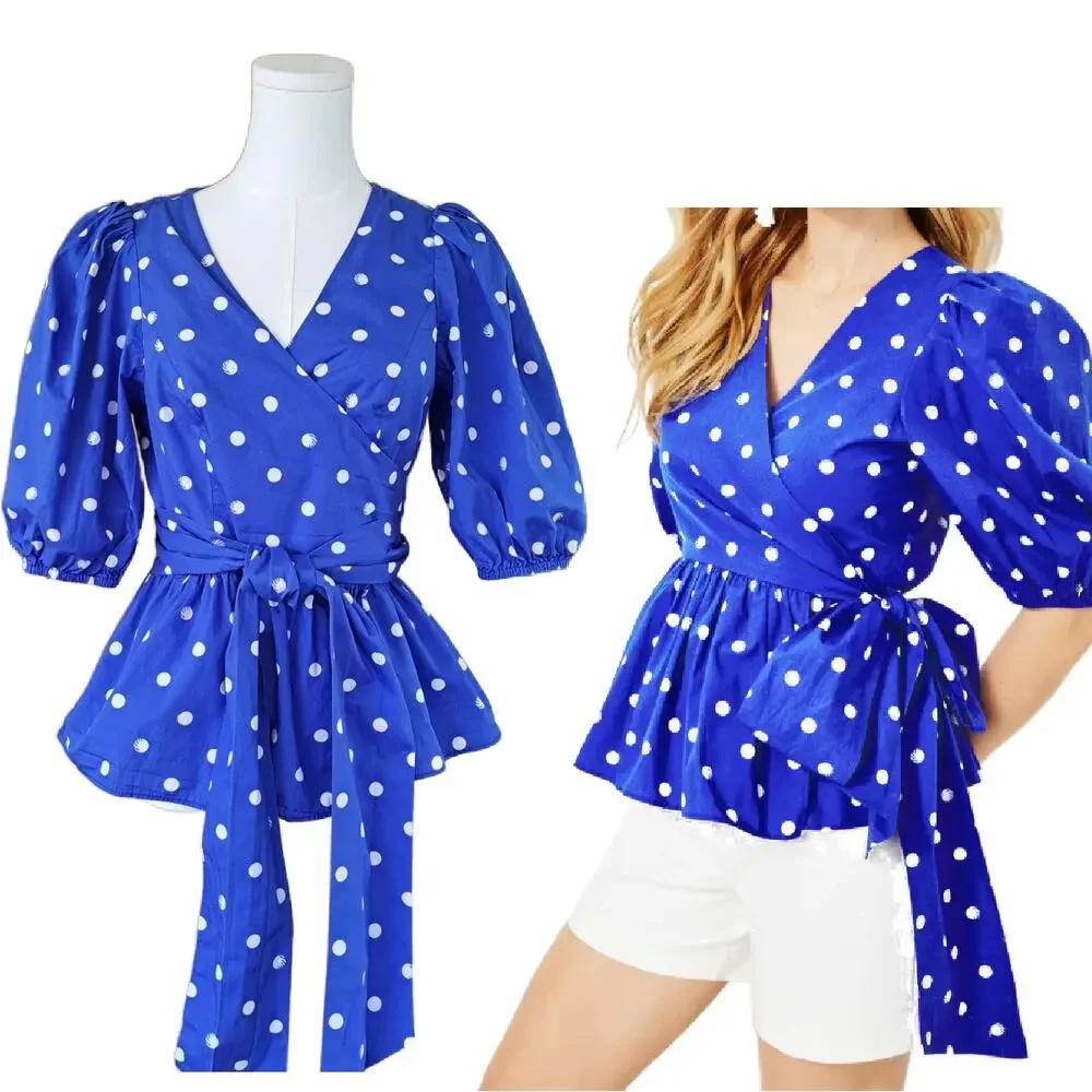 Lilly Pulitzer Kara Cotton Wrap Top Blue Dot Grotto Hotter Spot Sz 6 Puff Sleeve